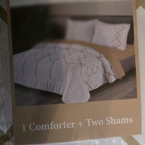 Amy Miller 3 Piece King White Tan Stripe  Comforter 2 Sham Set